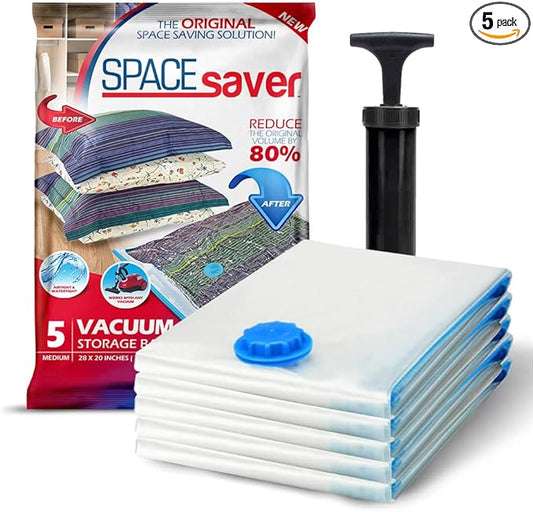 5 Pack Medium Vacuum Storage Bags for Comforters, Blankets & Clothes – Vacuum Sealed Compression Bags with Hand Pump – Space Saver Storage Bags for Bedding, Moving, Travel & Organization