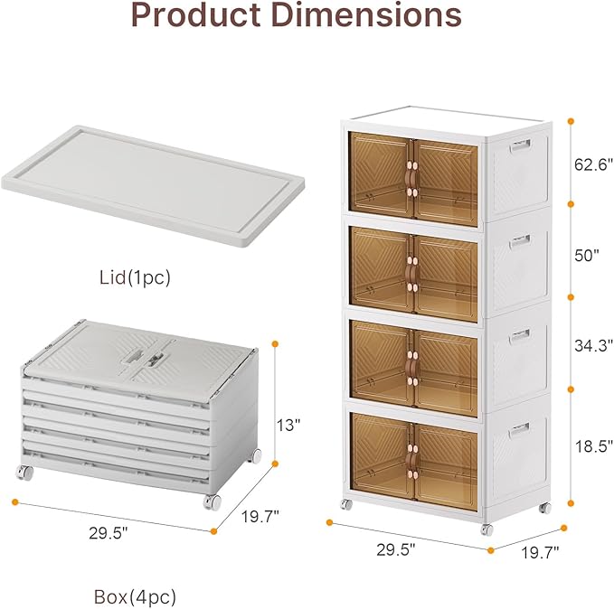 Extra Large Stackable Storage Bins with Lids & Wheels & Door, 640QT-160QT/40GAL*4Pack Foldable Collapsible Closet Organizers, Plastic containers drawers for bedroom Dorm