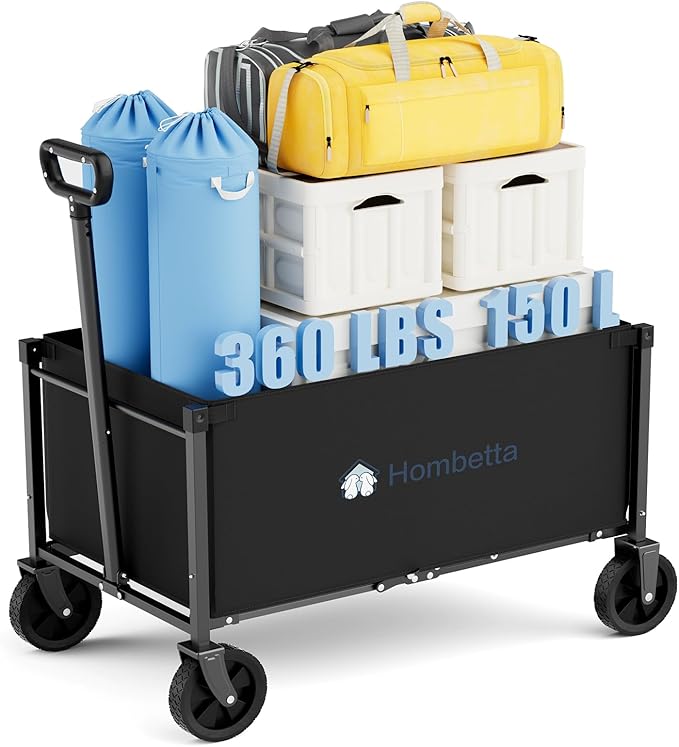 Collapsible Wagon, Heavy Duty Wagons Carts Foldable with Wheels, 150L Utility Wagon with 360LBS Capacity Wagon Cart with Wheels Foldable for Shopping, Groceries, Camping, Sports, Beach, Black