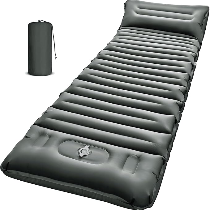 Inflatable Camping Sleeping Pad with Pillow, 5" Extra-Thick Ultralight Inflatable Sleeping Mat with Built-in Pump, Camping Air Mattress Compact for Backpacking Hiking Trap Traveling (Grey)