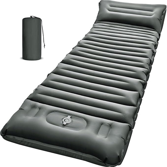 Inflatable Camping Sleeping Pad with Pillow, 5" Extra-Thick Ultralight Inflatable Sleeping Mat with Built-in Pump, Camping Air Mattress Compact for Backpacking Hiking Trap Traveling (Grey)