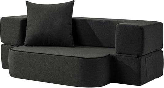 2-in-1 Folding Sofa Bed with Pillow - Folding Chair Floor Couch & Sleeping Mattress - Washable Cover & Memory Foam Sleeper Chair for Living Room/Guest Room/Apartment/Loft, Dark Gray