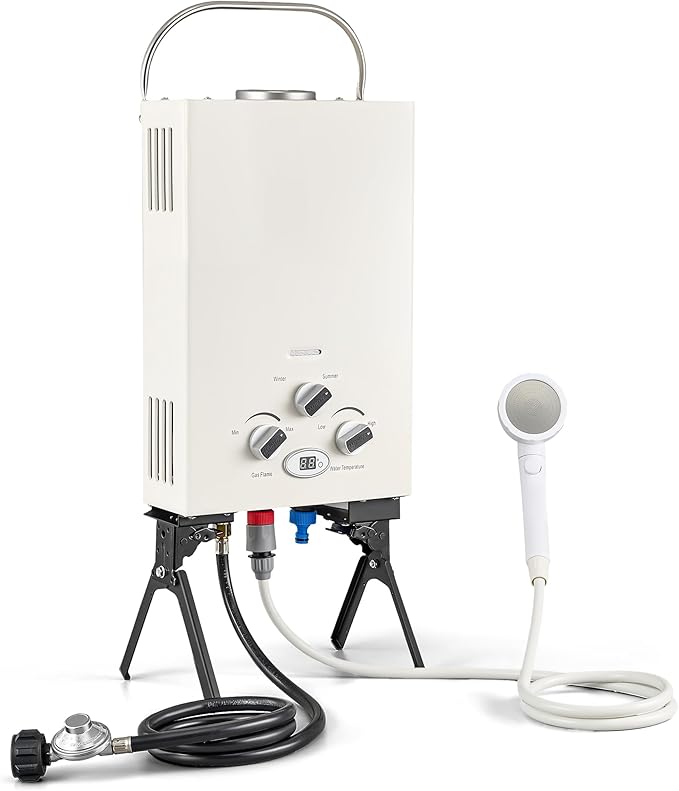 DARTMOOR LPG Portable Water Heater, Outdoor Tankless Propane Water Heater with Adjustable Flow & Showerhead, 1.6gpm Camping LPG Heater for Hot Water, Battery Powered Propane Shower Heater for Outdoor