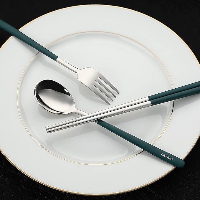 DEVICO Travel Utensils, 18/8 Stainless Steel Portable Reusable Camping Silverware Cutlery Flatware Set, 4-Piece Include Fork Spoon Chopsticks with Case (Dark Green)