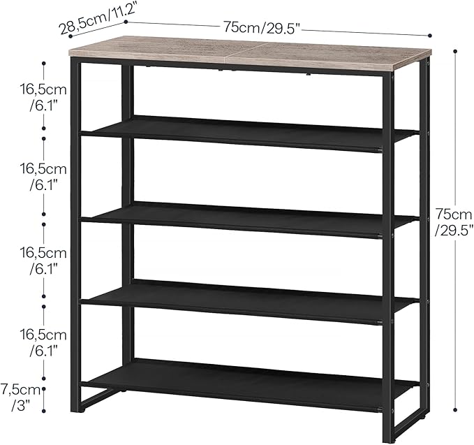 HOOBRO Shoe Rack, 5 Tier Shoe Storage Organizer with 4 Oxford Fabric Shelves and Top Panel, Holds 16-20 Pairs of Shoes, for Entryway and Closet, Industrial, Greige and Black BG50XJ01