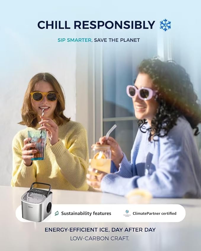 EUHOMY Countertop Ice Maker Machine with Handle, 26lbs Per Day, 9 Ice Cubes Ready in 6 Mins, Auto-Cleaning Portable Ice Maker with Basket and Scoop, for Home/Kitchen/Camping/RV (Silver)