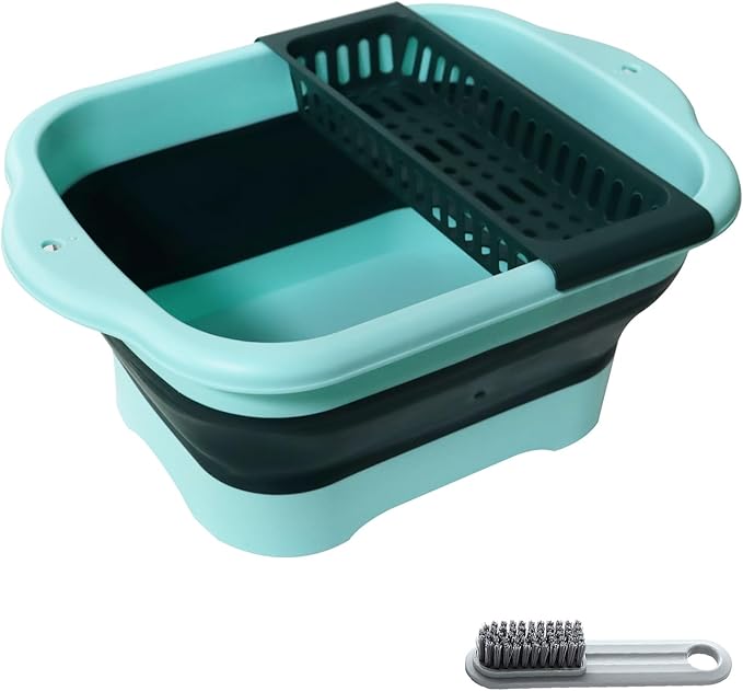 2.77 Gallon (10.5L) Collapsible Dish Basin with Drain Plug, Green Camping Dish Basin for RV, Space-Saving Foldable Wash Tub, BPA-Free Portable Sink for Vegetables and Dishes- with Brush