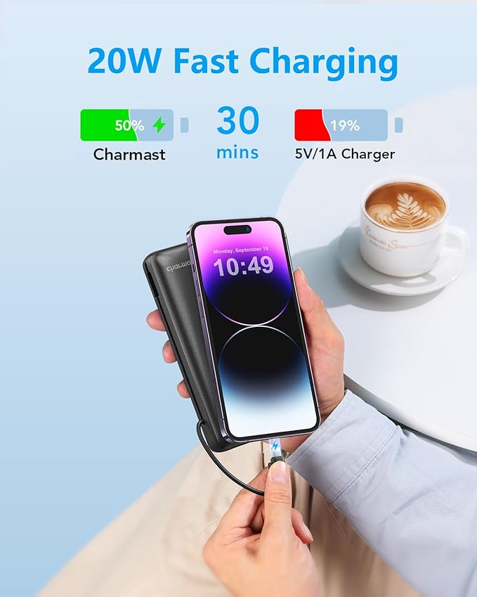 Charmast Portable Charger with Built-in Cables and Wall Plug, 20000mAh 20W USB C Power Bank Fast Charging Battery Pack Travel Essentials Compatible with iPhone 16/15/14/13 Series, Samsung Google iPad