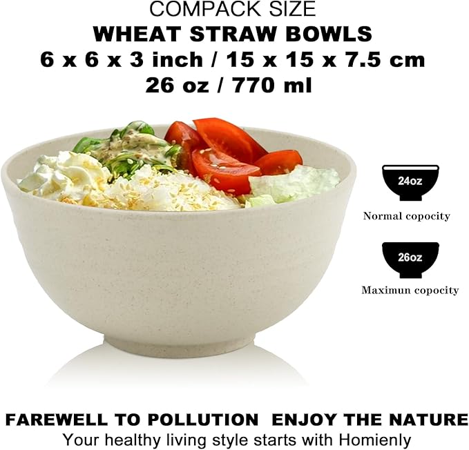 Homienly Wheat Straw Bowls Set of 8, Unbreakable Cereal Bowls, Microwave and Dishwasher Safe Kitchen Bowl Set for Dinner, Soup, Cereal, Snack, Bowl for Kitchen, Camping(Beige, 26 OZ)