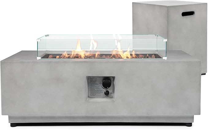 42" Rectangular Propane Fire Pit – 3-Piece 50,000 BTU Concrete Fire Pit with Glass Wind Guard and Tank Cover Table – Outdoor Firepits – Gas Fireplace for Deck or Patio