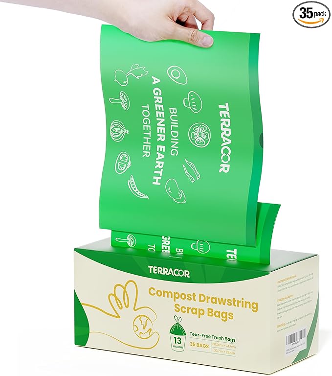13 Gallon Compost Drawstring Kitchen Waste Bag, 49.2 Liter, 35 Count,1 Mil, Heavy Duty Food Scrap Bags