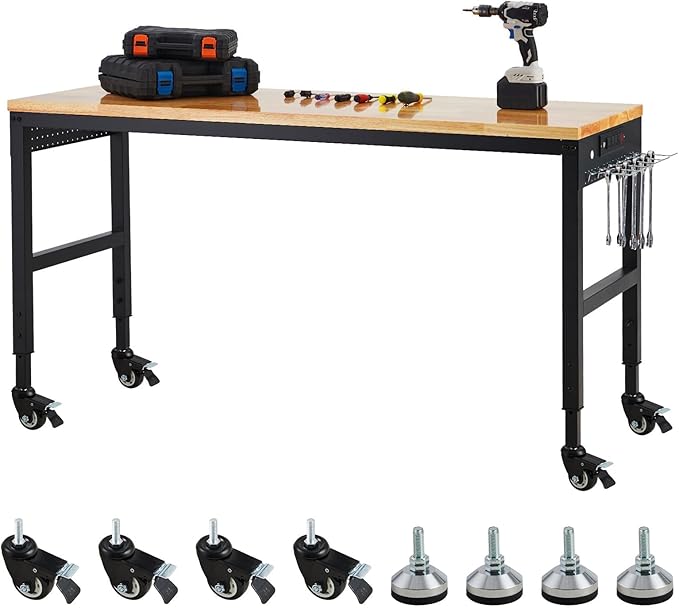 Adjustable Workbench,72" x 25" Heavy-Duty Rubber Wood Shop Table with 28.3-38.1 Inches Height Adjustment,2000 LBS Load Capacity,Garage Workbench with Power Outlets & Lockable Wheels