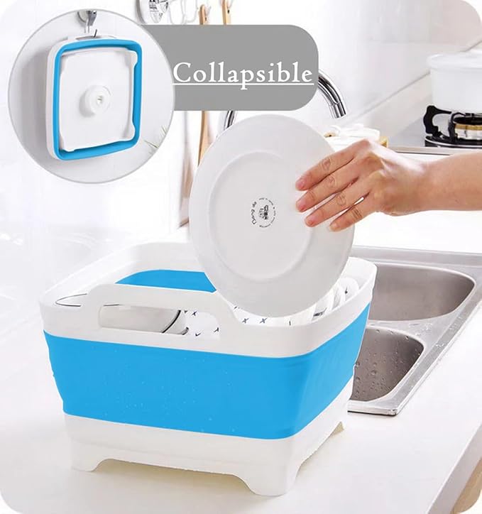 9L (2.4Gallon) Dish Basin Collapsible with Drain Plug Carry Handles , Space Saveing Kitchen Storage Tray Dish Wash Basin, Portable Dish Tub for Camping ,RV,Blue