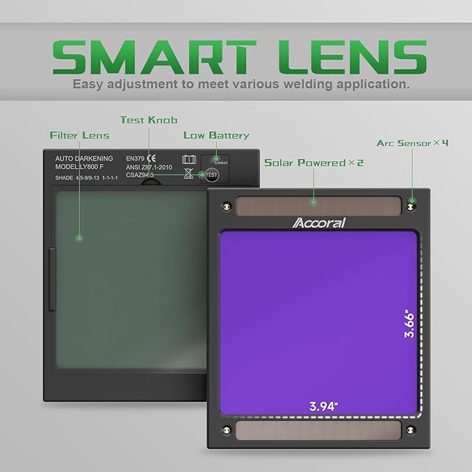 3.94" x 3.66" Large Viewing Hemispherical lense Welding Helmet，1/1/1/1 True Color Auto Darkening Welding Hood Mask，4 Arc Sensor Wide Shade for TIG MIG ARC Plasma Cut,Grinding