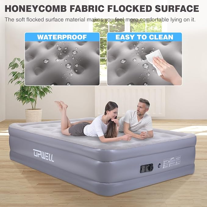 UPWELL Inflatable Air Mattress Queen with Built in Pump Comfort Blow up Bed Waterproof Fast&Easy Set up Dura Beam Strong Support Mattress for Home Guests & Camping Grey