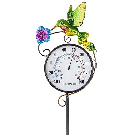 Hummingbird Indoor Outdoor Thermometer, Large Digital Metal Garden Stake Outside Thermometer Waterproof Decorative for Patio, Lawn, Room, No Battery Required