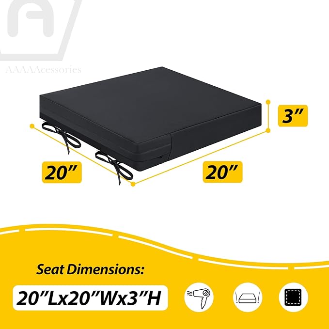 AAAAAcessories Outdoor Seat Cushions for Chairs, Waterproof, Fade-Resistant Patio Furniture Replacement Cushions, 20" x 20" x 3", Set of 2, Black