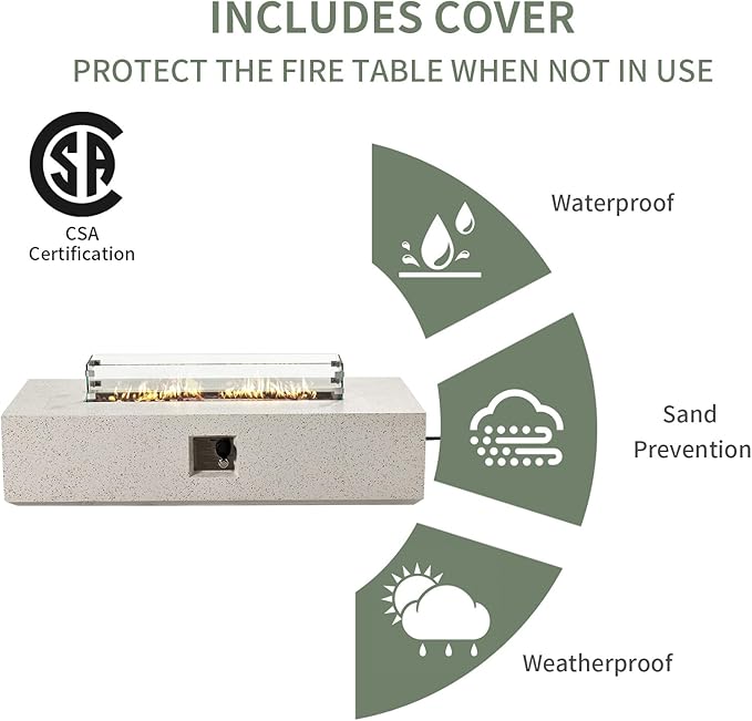 COSIEST 2-Piece Outdoor Propane Fire Table Set, Rectangle Concrete 56-inch x 28-inch Fire Pit (CSA Certified, 50,000 BTU) w 20lb Tank Table, Wind Guard, Waterproof Cover for Garden, Porch, Backyard