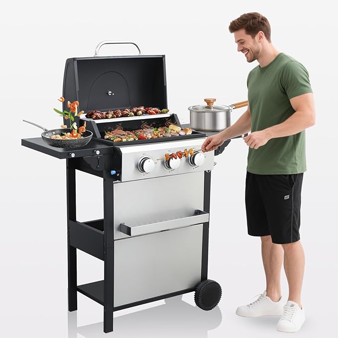 3-Burner Propane Gas BBQ Grill with Porcelain-Enameled Cast Iron Grates and 2 Foldable Side Table, 25,650 BTU Stainless Steel Grill for Outdoor Camping Barbecue Grilling Backyard Cooking - Silver