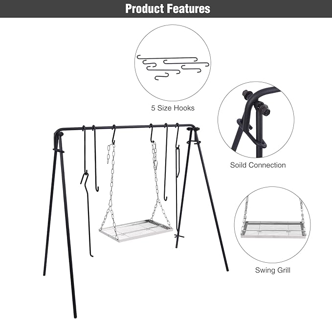Lineslife Grill Swing Campfire Cooking Stand with Adjusatble Stainless Steel Grill Grate, Collapsible BBQ Grill with Hooks and Accessories for Outdoor Camping Cookware & Dutch Oven