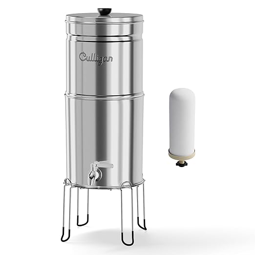 Culligan with MaxClear Technology 2.25 Gallon Gravity Water Filter System, Polished Countertop Ceramic Water Filter NSF/ANSI Certified to Reduce Lead, Microplastics & Total PFAS, with 1 Filter