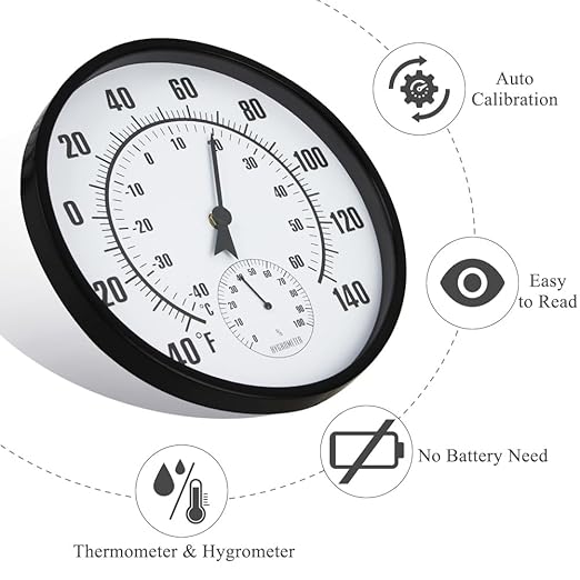 10'' Indoor Outdoor Thermometer, Outdoor Wall Thermometer with Humidity, No Battery Needed Outdoor Thermometers for Patio, Garden, Home