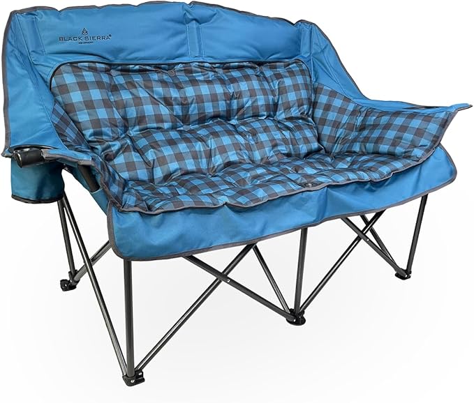 Black Sierra Double Camping Chair for Adults, Oversized Folding Loveseat Supports 600 lbs, Plush Padded Outdoor Couch with Cup Holders and Carry Bag for Beach, Patio, RV, or Tailgating Events