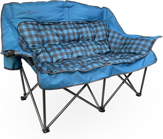 Black Sierra Double Camping Chair for Adults, Oversized Folding Loveseat Supports 600 lbs, Plush Padded Outdoor Couch with Cup Holders and Carry Bag for Beach, Patio, RV, or Tailgating Events
