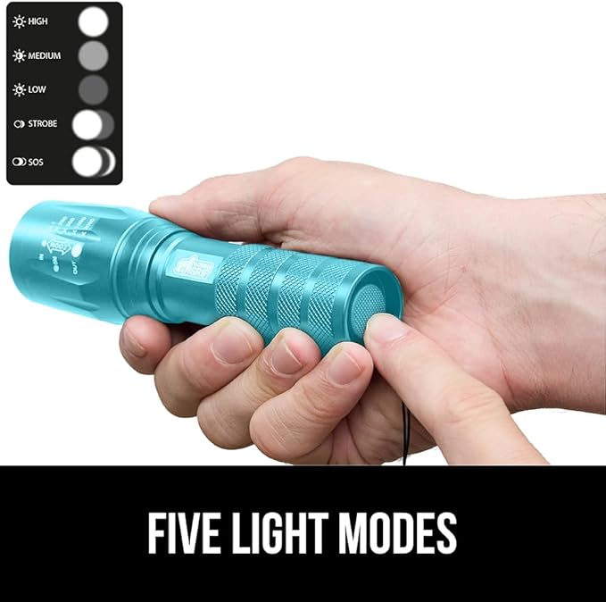 GORILLA GRIP Powerful LED Tactical Flashlight, 750 FT High Lumens 5 Adjustable Modes, Water Resistant, Ultra Bright Zoom Flashlights, Small Mini Flash Light, Camping, Night Dog Walking, Turquoise
