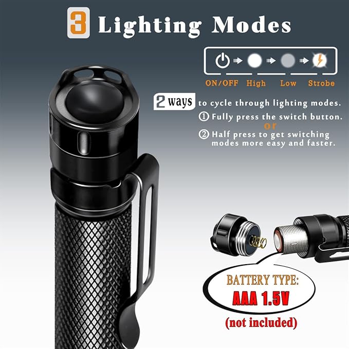 3 Modes Small Flashlights LED Powerful High Lumens Tactical Pen Light with Clip, Slim Portable Pocket Compact Torch for Emergency Inspection AAA Battery