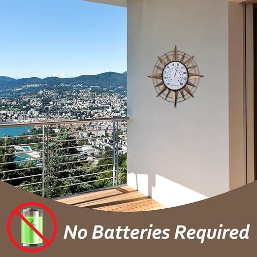 14'' Sun Outdoor Thermometer, Metal Wall-Mounted Thermometer No Need Battery, Indoor Decor for Patio Garden Living Room