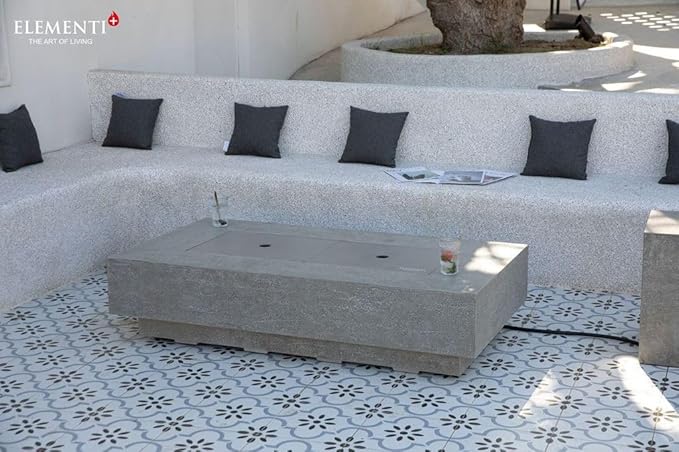 Elementi+ | Bundle Riviera Gas Fire Pit Cast Concrete 60" Rectangular Fire Table, Outdoor Fire Pit Electronic Ignition | Canvas Cover, Fire Glass and Burner Lid Included | Light Gray | Propane Gas