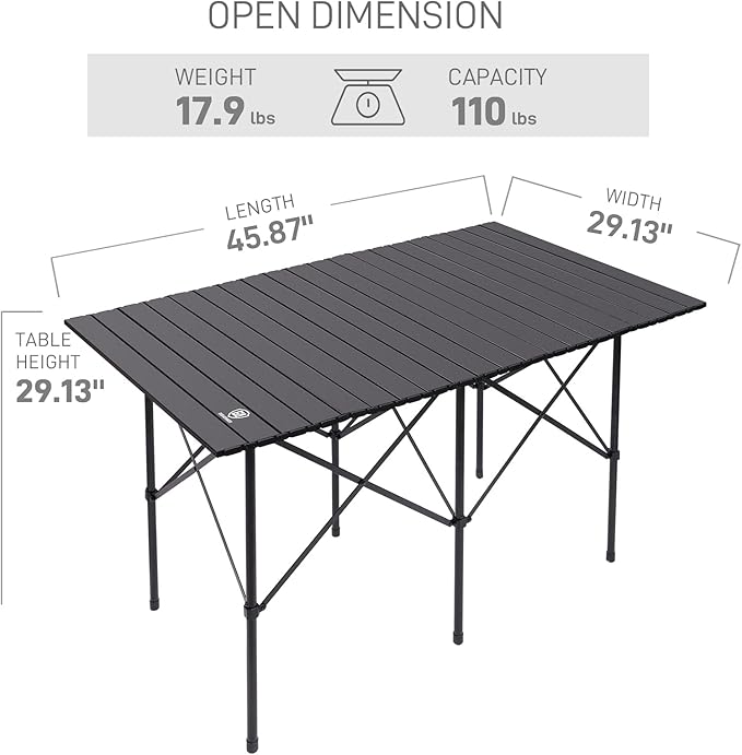 EVER ADVANCED Camping Table, Fold up Lightweight, 4-6 Person Portable Roll up Aluminum Table with Carry Bag for Outdoor, Support Up to 110LBS, Black