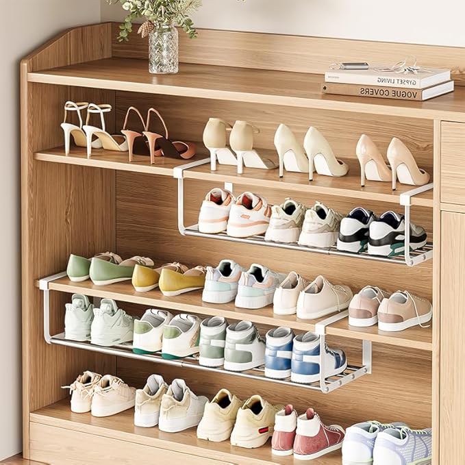 Expandable Shoe Rack Organizer - Adjustable Shoe Rack & Under Cabinet Shelf - for Shoe or Clothing Storage and Organization, Under Shelf Storage (Stainless,1Pcs)