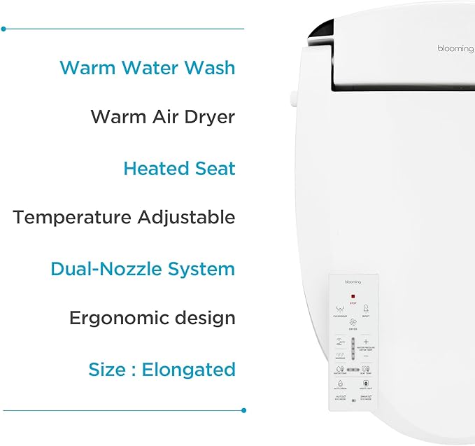 Blooming NB-R1060TE Bidet Toilet Seat, Smart Toilet Seat with Dual Nozzle, Warm Water, Dryer, Heated Seat, Ambient Nightlight, Electric Bidet with Remote (White/Elongated)