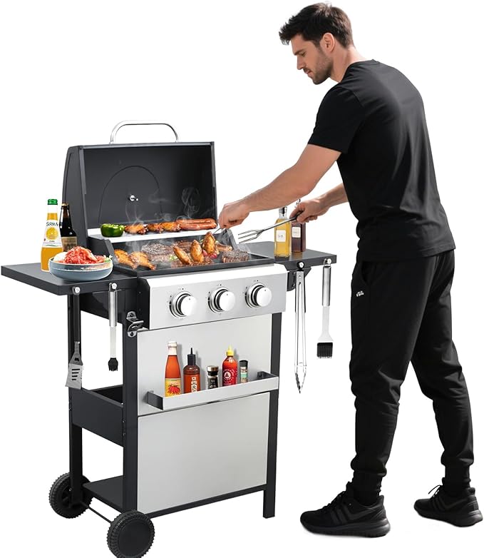 3-Burner Propane Gas BBQ Grill, 25650BTU Stainless Steel Barbecue Grill With Wire Enamel Cooking Grids, Foldable Side Table for Outdoor Camping (Style10 : 3 Burner)