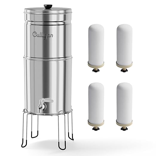 Culligan with MaxClear Technology 2.25 Gallon Gravity Water Filter System, Polished Countertop Ceramic Water Filter NSF/ANSI Certified to Reduce Lead, Microplastics & Total PFAS, with 4 Filters