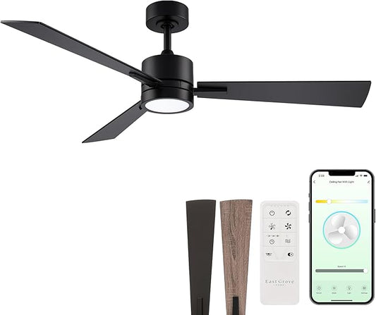 Bali Smart 3-Blade 52in Ceiling Fan 2700K-6000K CCT Selectable LED Light Kit with Remote Control and Black Hardware with Reversible Blades in Weathered Wood or Black Works With iOS or Android App