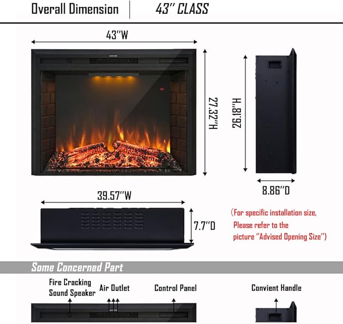 43'' Electric Fireplace Insert, Retro Recessed Fireplace Heater with Fire Cracking Sound, Remote Control & Timer, 750/1500W, Black