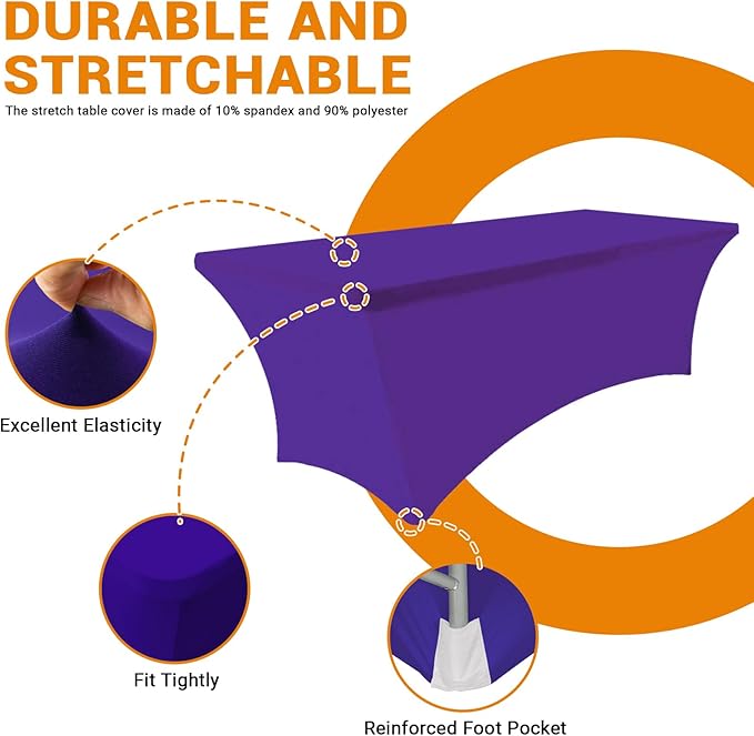 Eurmax USA Rectangular Fitted Spandex Table Covers 8ft Tablecloth Wedding Event Patio Table Decorations Stretch Table Cover for 8ft Folding Table (Purple,2 Pack)