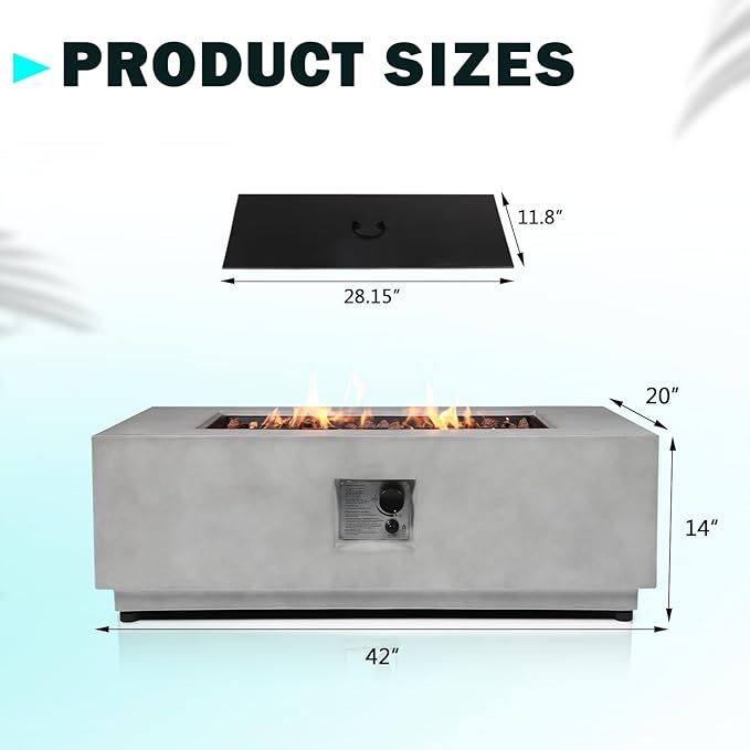 42" Rectangular Propane Fire Pit – 50,000 BTU Fire Table with Rain Cover, Rocks – Backyard Fire Pits Outdoor – Propane Gas Fireplace for Deck or Patio