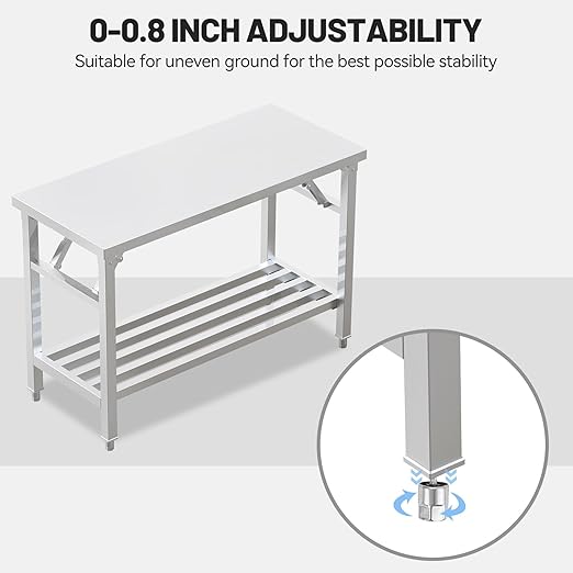 Folding Stainless Steel Table with Adjustable Table Corners and Lower Removable Shelf 20X45 Inches for Outdoor Camping, Maintenance Room, Storage, Kitchen (with undershelf)