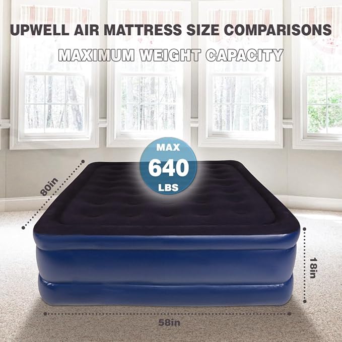 UPWELL Inflatable Air Mattress Queen with Built in Pump Comfort Blow up Bed Waterproof Fast&Easy Set up Dura Beam Strong Support Mattress for Home Guests & Camping Navy Blue