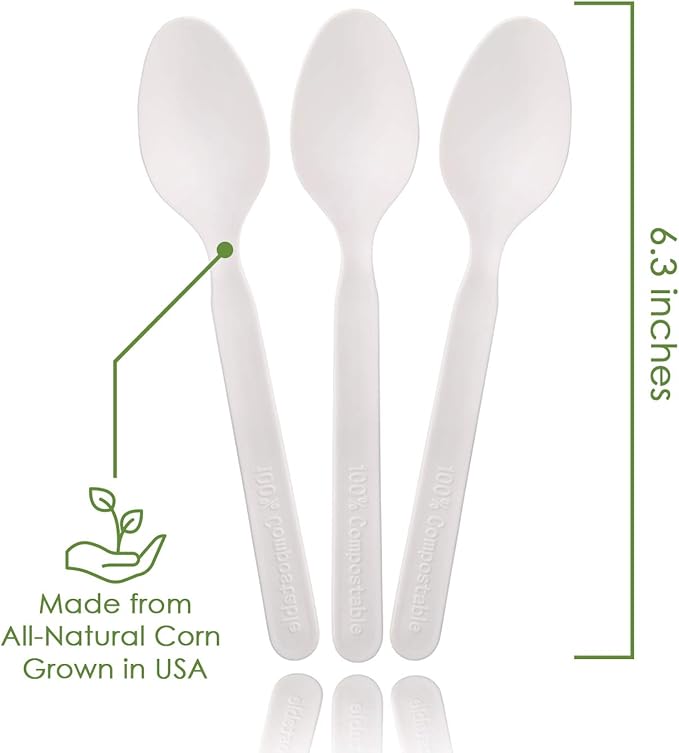100% Compostable Spoons - 500 Large Disposable Utensils (6.5 in.) Bulk Size Eco Friendly Durable and Heat Resistant Alternative to Plastic Spoons with Convenient Tray