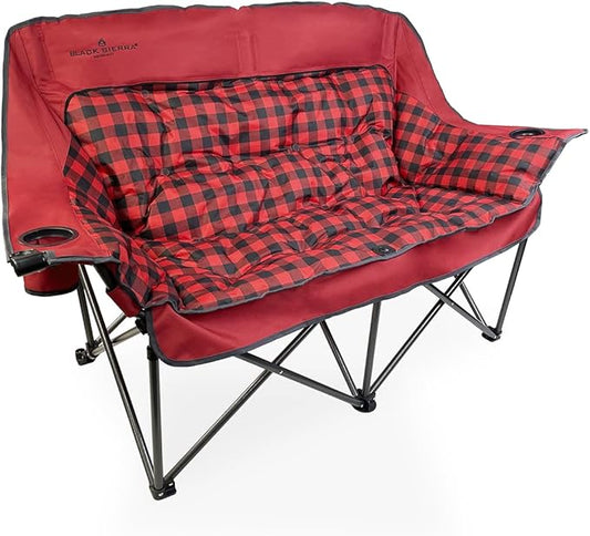 Black Sierra Double Camping Chair for Adults, Oversized Folding Loveseat Supports 600 lbs, Plush Padded Outdoor Couch with Cup Holders and Carry Bag for Beach, Patio, RV, or Tailgating Events