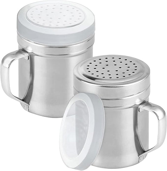 2Pcs Metal Salt Pepper Dredge Shakers, Stainless Steel Pepper Shaker Seasoning Jar With Handle, With Hole And Cover, Suitable For Pepper, Cinnamon And Coffee Spice Jars (Medium-10OZ)