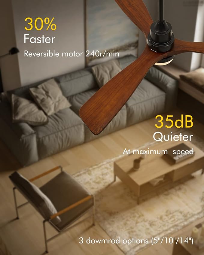 Modern Ceiling Fans with Lights, 3 Wood Fan Blades, 52" Black with Remote Control, Noiseless Reversible DC Motor for Bedroom/Living Room/Study/Patio