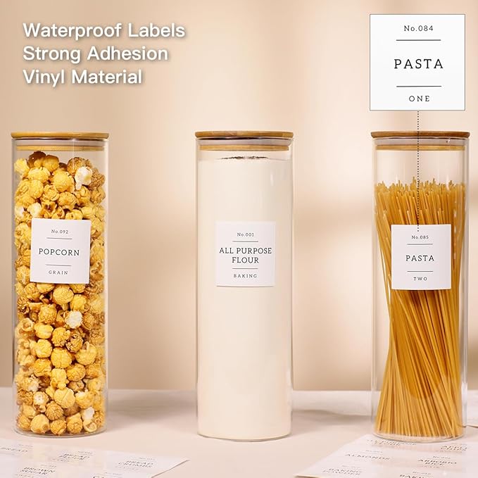3 Pack Glass Jar with Airtight Bamboo Lid and White 132 Kichen Pantry Labels Preprinted - 70 Oz Clear Tall Glass Food Storage Containers set For Noodles Pasta Spaghetti