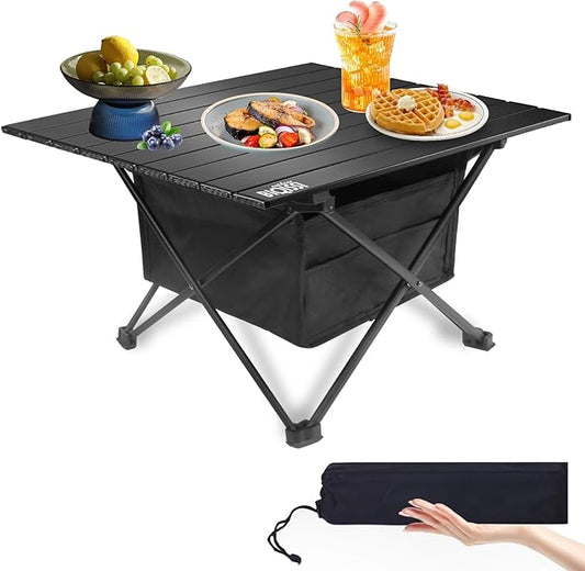 Folding Camping Table, Compact Ultralight Aluminum Design Portable Camping Table with with Storage Basket and Carring Bag for Camping Hiking BBQ Picnic Outdoor Cooking 22" Black