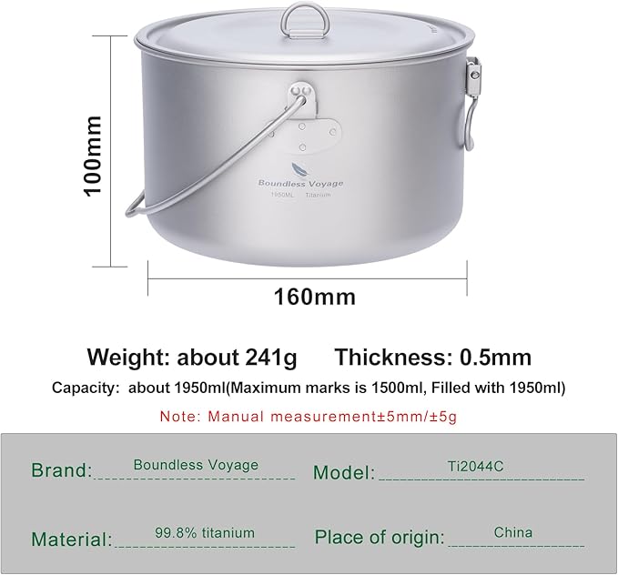 iBasingo 1.95L (1950ml) Titanium Pot with Lid Ultralight Camping Cookware for Backpacking, Hiking & Outdoor Cooking, Compact Backpacker Pot with Measurement Marks, Folding Handle Ti2044C